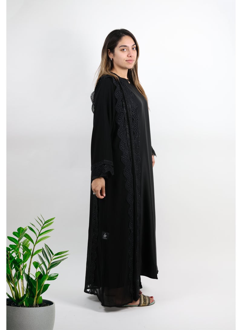 JAMEELA Midnight Lace & Sheer Overlay Abaya - Sophisticated Noir Elegance - Image 4