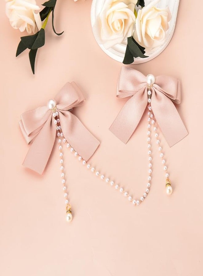 YangQian Hair Bow Accessories for Girls Women Pink Hair Bow with Pearls Tassel Ribbon Bow Hair Clips Small Silk Hair Bows for Women Bow Decor Hair Clip Satin Bowknot Hair Clips Head Clips for Women's Hair - Image 3
