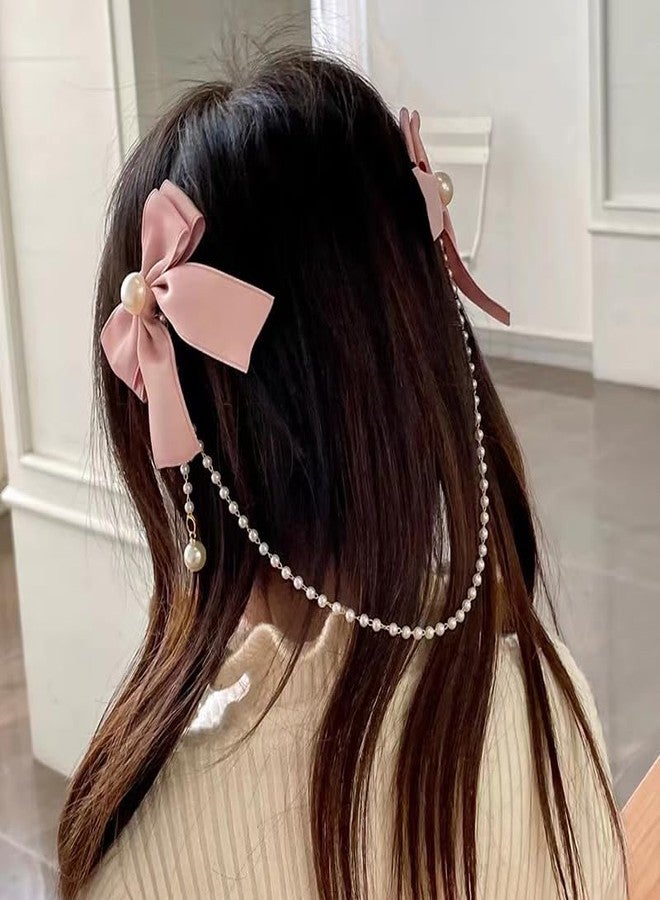 YangQian Hair Bow Accessories for Girls Women Pink Hair Bow with Pearls Tassel Ribbon Bow Hair Clips Small Silk Hair Bows for Women Bow Decor Hair Clip Satin Bowknot Hair Clips Head Clips for Women's Hair - Image 5