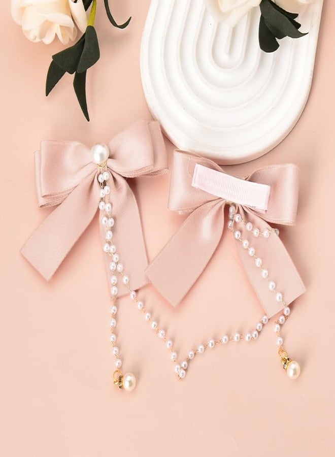 YangQian Hair Bow Accessories for Girls Women Pink Hair Bow with Pearls Tassel Ribbon Bow Hair Clips Small Silk Hair Bows for Women Bow Decor Hair Clip Satin Bowknot Hair Clips Head Clips for Women's Hair - Image 4