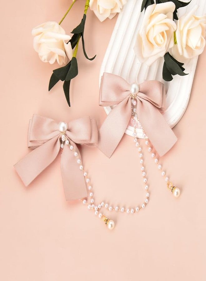 YangQian Hair Bow Accessories for Girls Women Pink Hair Bow with Pearls Tassel Ribbon Bow Hair Clips Small Silk Hair Bows for Women Bow Decor Hair Clip Satin Bowknot Hair Clips Head Clips for Women's Hair - Image 2