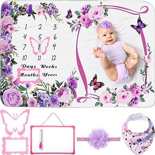 Chumia 6 Pcs Baby Monthly Milestone Blanket for Girl 60" x 40" Butterfly Milestone Blanket Age Photo Photography Backdrop with Newborn Calendar Growth Chart Bib Headband(Purple,Floral Pattern) - Image 1