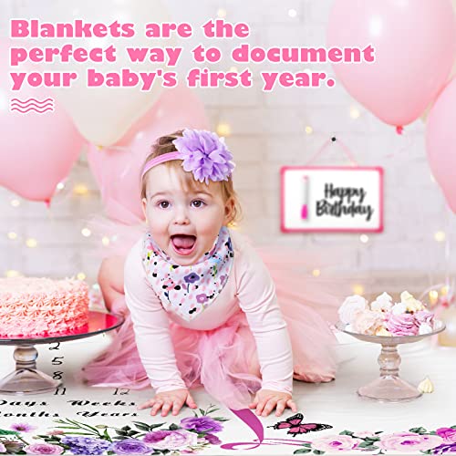 Chumia 6 Pcs Baby Monthly Milestone Blanket for Girl 60" x 40" Butterfly Milestone Blanket Age Photo Photography Backdrop with Newborn Calendar Growth Chart Bib Headband(Purple,Floral Pattern) - Image 4