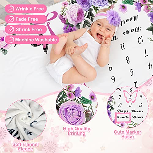 Chumia 6 Pcs Baby Monthly Milestone Blanket for Girl 60" x 40" Butterfly Milestone Blanket Age Photo Photography Backdrop with Newborn Calendar Growth Chart Bib Headband(Purple,Floral Pattern) - Image 3