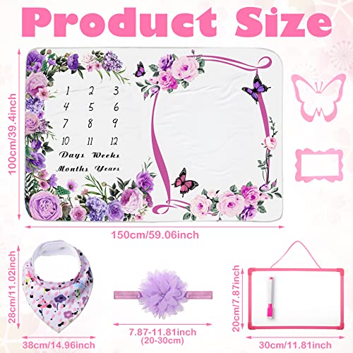 Chumia 6 Pcs Baby Monthly Milestone Blanket for Girl 60" x 40" Butterfly Milestone Blanket Age Photo Photography Backdrop with Newborn Calendar Growth Chart Bib Headband(Purple,Floral Pattern) - Image 2