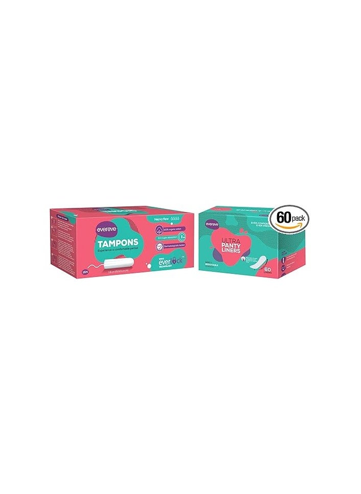 Evereve Evereve tampons, 100% Organic Cotton, For Heavy Menstrual flow, 16 pcs and Evereve Anti-Bacterial Panty Liners for Women, 180mm Length, 60 pcs COMBO  - Image 1