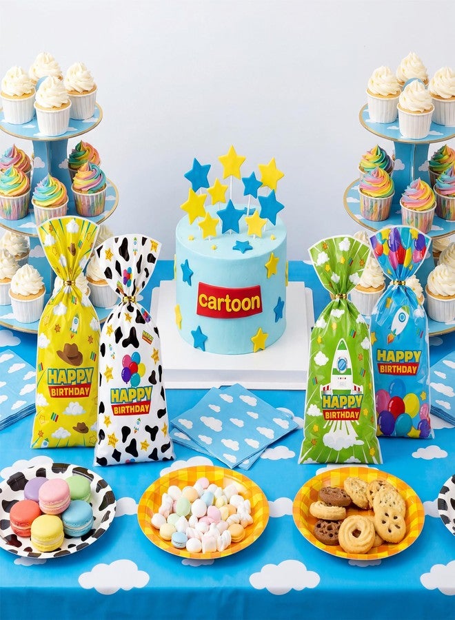 CHENRINDECO 100Pcs Cartoon Themed Plastic Candy Bags with Twist Ties Sky Cloud Rocket and Cow Print Party Favor Bags Birthday Treat Bags for Boys Girls Birthday Party Supplies - Image 3