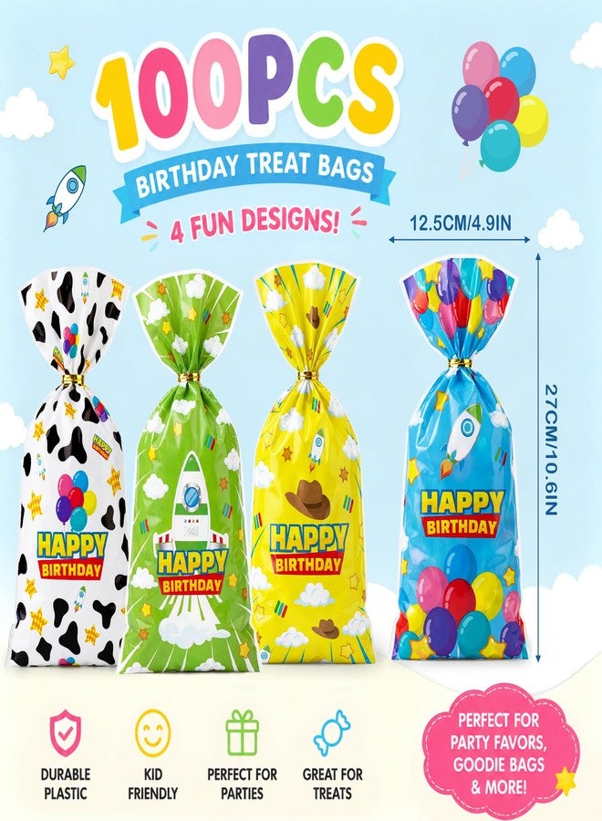 CHENRINDECO 100Pcs Cartoon Themed Plastic Candy Bags with Twist Ties Sky Cloud Rocket and Cow Print Party Favor Bags Birthday Treat Bags for Boys Girls Birthday Party Supplies - Image 4