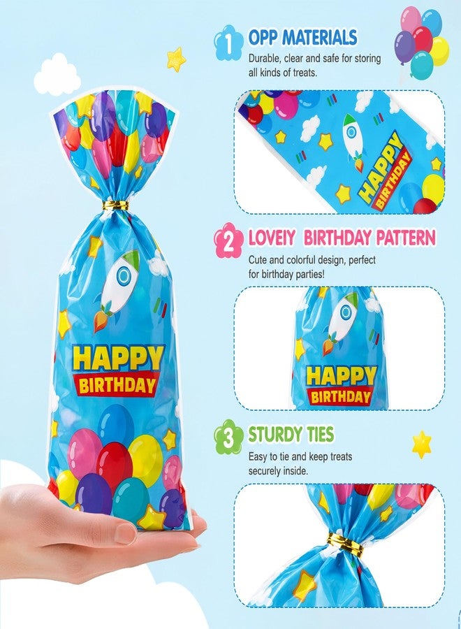 CHENRINDECO 100Pcs Cartoon Themed Plastic Candy Bags with Twist Ties Sky Cloud Rocket and Cow Print Party Favor Bags Birthday Treat Bags for Boys Girls Birthday Party Supplies - Image 5