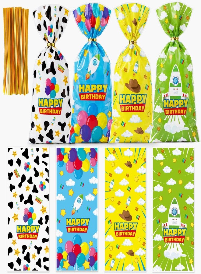 CHENRINDECO 100Pcs Cartoon Themed Plastic Candy Bags with Twist Ties Sky Cloud Rocket and Cow Print Party Favor Bags Birthday Treat Bags for Boys Girls Birthday Party Supplies - Image 1