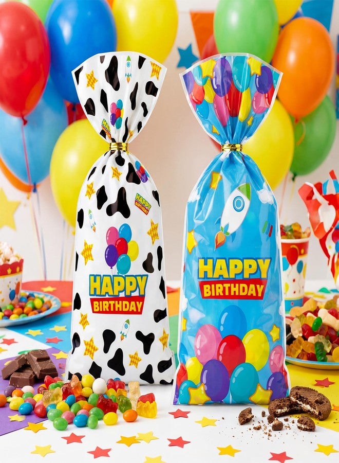 CHENRINDECO 100Pcs Cartoon Themed Plastic Candy Bags with Twist Ties Sky Cloud Rocket and Cow Print Party Favor Bags Birthday Treat Bags for Boys Girls Birthday Party Supplies - Image 2