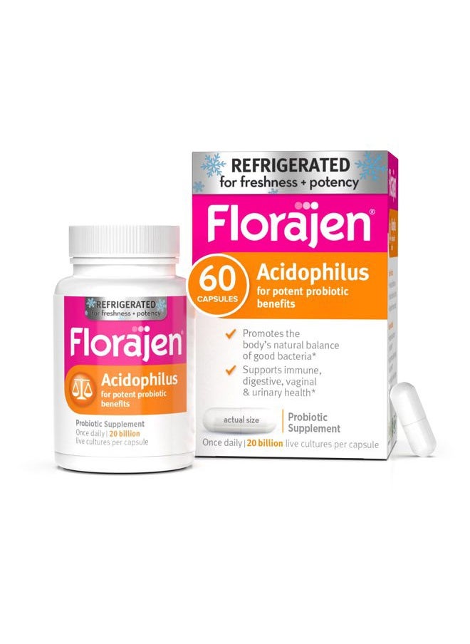 Florajen - Acidophilus Probiotics, Gut Health, Vaginal Health, and Immune Support Supplement, Constipation and Bloating Relief for Adults, 60 Capsules (Refrigerated) - Image 1