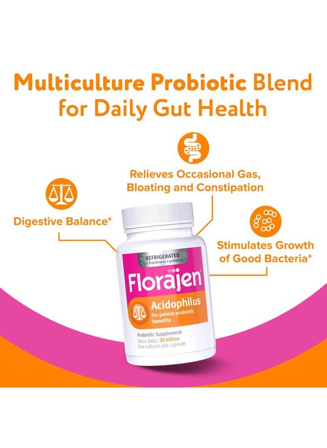 Florajen - Acidophilus Probiotics, Gut Health, Vaginal Health, and Immune Support Supplement, Constipation and Bloating Relief for Adults, 60 Capsules (Refrigerated) - Image 1