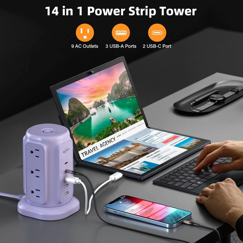 ايجوي أداة توصيل كهربائية من بتصميم مسطح مزودة بـ 9 منافذ تيار متناوب (AC) و٥ منافذ USB | محطة شحن USB بحماية قوية تصل إلى 1200 جول، وكابل تمديد بطول 6 أقدام مثالي لاحتياجات الشقق وملحقات المكتب للنساء. - Image 2