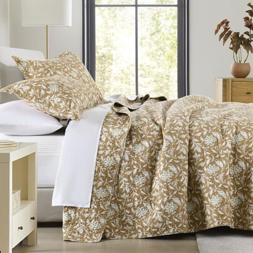 Finlonte Quilts Queen Size 100% Cotton Lightweight Soft Queen Quilt Vintage Botanical Quilted Bedspread Khaki Floral Reversible Quilt Bedding Set 3 Pieces - Image 1