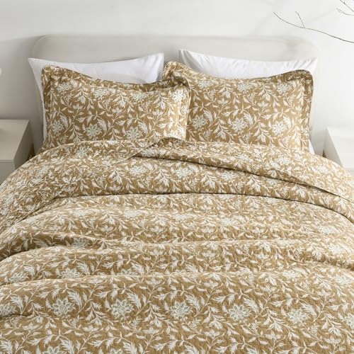 Finlonte Quilts Queen Size 100% Cotton Lightweight Soft Queen Quilt Vintage Botanical Quilted Bedspread Khaki Floral Reversible Quilt Bedding Set 3 Pieces - Image 5