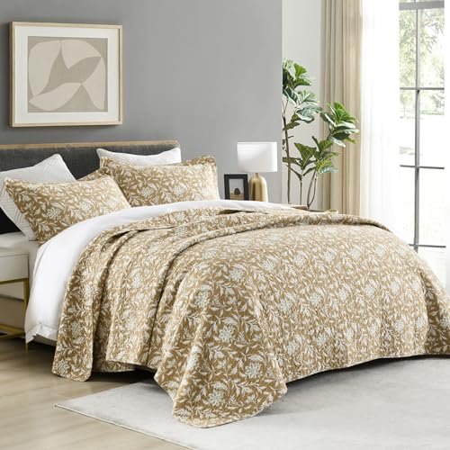 Finlonte Quilts Queen Size 100% Cotton Lightweight Soft Queen Quilt Vintage Botanical Quilted Bedspread Khaki Floral Reversible Quilt Bedding Set 3 Pieces - Image 3