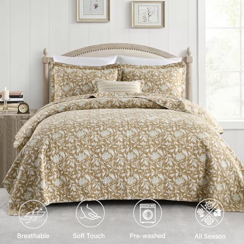 Finlonte Quilts Queen Size 100% Cotton Lightweight Soft Queen Quilt Vintage Botanical Quilted Bedspread Khaki Floral Reversible Quilt Bedding Set 3 Pieces - Image 2