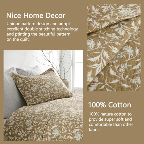 Finlonte Quilts Queen Size 100% Cotton Lightweight Soft Queen Quilt Vintage Botanical Quilted Bedspread Khaki Floral Reversible Quilt Bedding Set 3 Pieces - Image 4