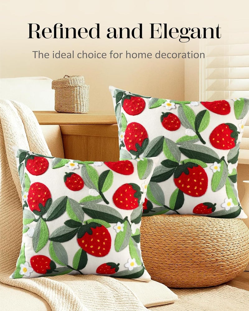 Kokaaee Embroidered Throw Pillow Covers Set of 2-18x18 Decorative Pillow Covers with Zipper Aesthetic Cute Design Spring Summer Throw Pillowcases for Outdoor Couch Sofa Bed, Leaf Strawberry - Image 5
