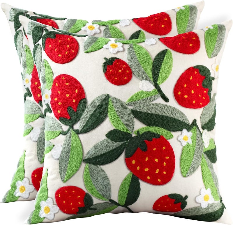Kokaaee Embroidered Throw Pillow Covers Set of 2-18x18 Decorative Pillow Covers with Zipper Aesthetic Cute Design Spring Summer Throw Pillowcases for Outdoor Couch Sofa Bed, Leaf Strawberry - Image 1