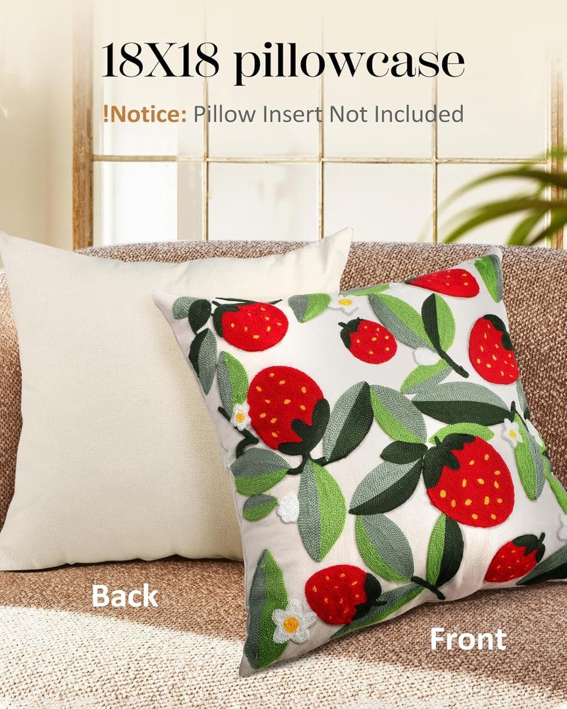 Kokaaee Embroidered Throw Pillow Covers Set of 2-18x18 Decorative Pillow Covers with Zipper Aesthetic Cute Design Spring Summer Throw Pillowcases for Outdoor Couch Sofa Bed, Leaf Strawberry - Image 4