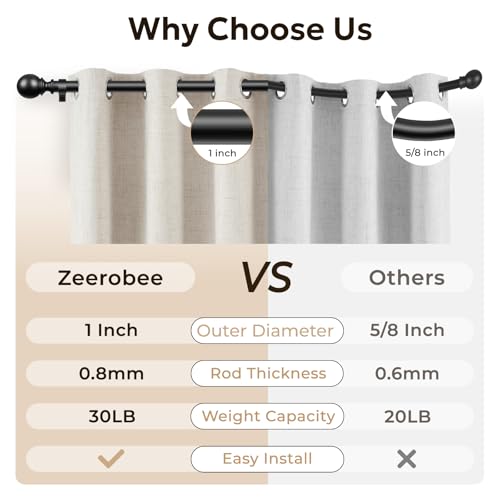 zeerobee عصا ستائر زيروبي للنوافذ 48 إلى 84، عصا ستائر ثقيلة قابلة للتعديل بقطر 1 بوصة، عمود ستائر حديث لفصل الغرف داخليًا وخارجيًا، 48-86" - Image 4