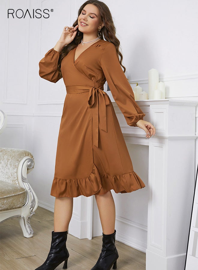 roaiss Women's Plus Size Long Sleeve Dress With Waist Casual Office Wear Stretchy Comfortable Fit Mid Length Dress Orange - Image 3