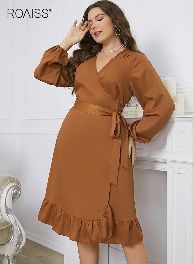 roaiss Women's Plus Size Long Sleeve Dress With Waist Casual Office Wear Stretchy Comfortable Fit Mid Length Dress Orange - Image 1