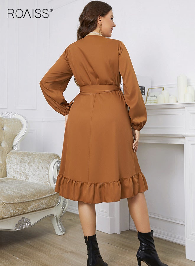 roaiss Women's Plus Size Long Sleeve Dress With Waist Casual Office Wear Stretchy Comfortable Fit Mid Length Dress Orange - Image 4