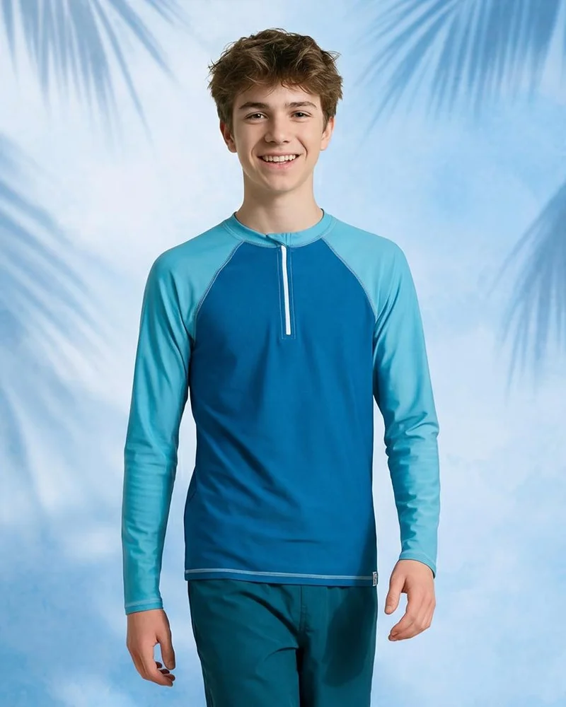 Redtag Senior Boys Navy Plain Zipper Raglan Swimwear T-Shirt
