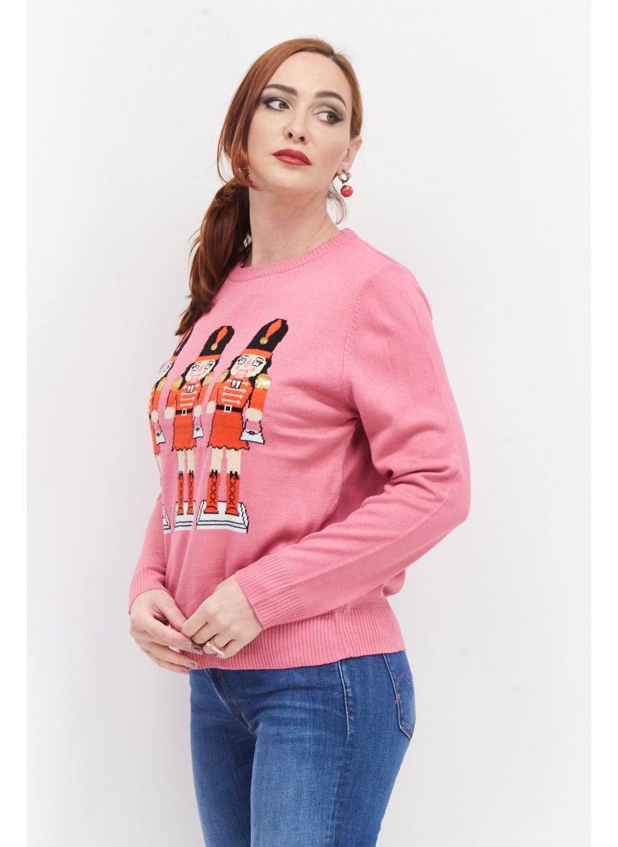 Threadbare Women Round Neck Textured Sweater, Pink Combo  - Image 3