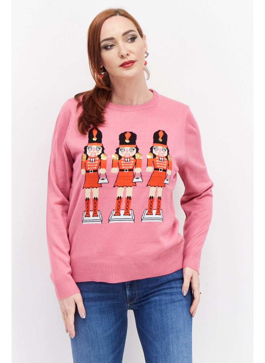 Threadbare Women Round Neck Textured Sweater, Pink Combo  - Image 1