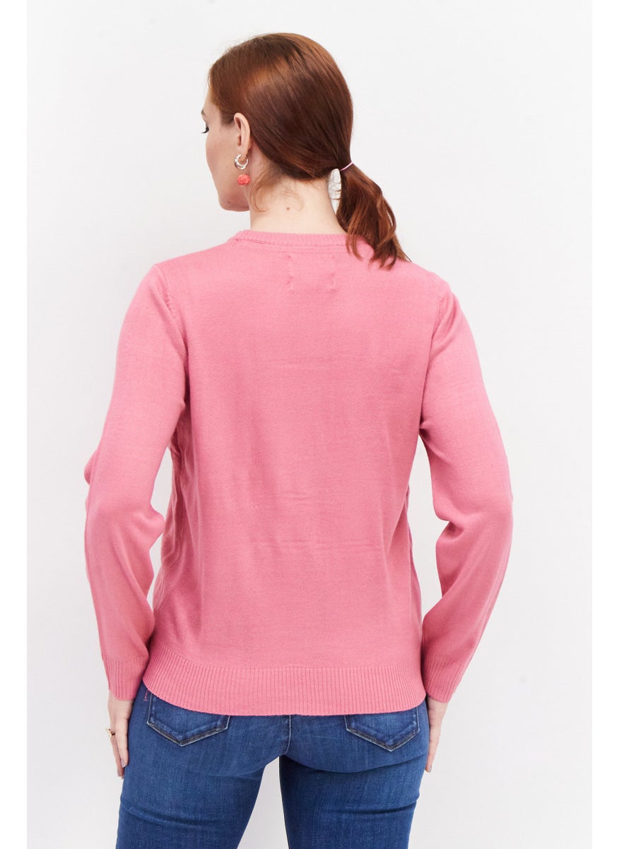 Threadbare Women Round Neck Textured Sweater, Pink Combo  - Image 4