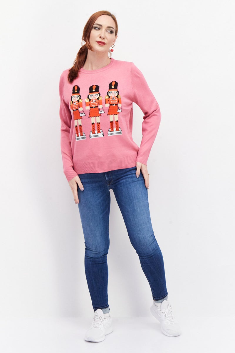 Threadbare Women Round Neck Textured Sweater, Pink Combo  - Image 2