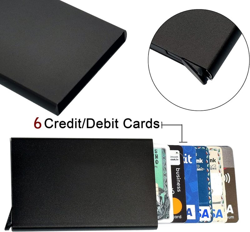 سنديا حافظة بطاقات من معدن محمي بتقنية RFID من SNDIA – حافظة نحيفة لبطاقات الائتمان/الخصم للرجال والنساء حافظة من الألومنيوم باللون الأسود الكلاسيكي (تستوعب 6 بطاقات، أبعادها 6 × 0.9 × 9.5 سم) - Image 3