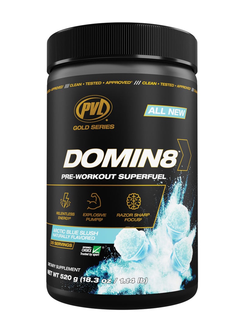 PVL Gold Series DOMIN8 Pre-workout Superfuel 520g (18.3oz) - Artic Blue Slush