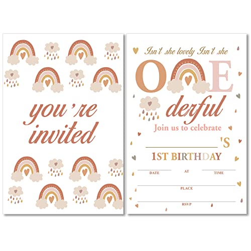 Soiceu Cute Boho Rainbow 1st Birthday Party Invitations with Envelopes Set of 20 She Lovely Rainbow 1 Year Old First Birthday Party Invites - Image 1