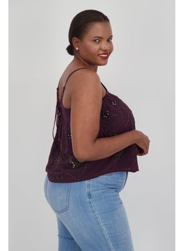 promod Women V-Neck Sleeveless Embellish Tops, Dark Purple Combo  - Image 3