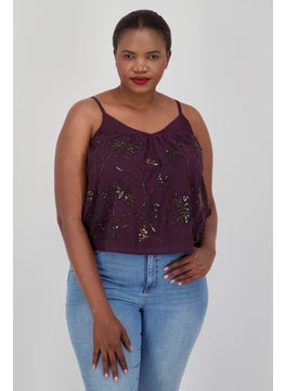 promod Women V-Neck Sleeveless Embellish Tops, Dark Purple Combo  - Image 1