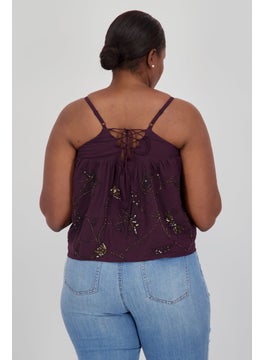 promod Women V-Neck Sleeveless Embellish Tops, Dark Purple Combo  - Image 4