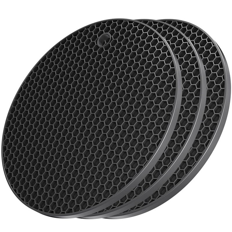 ZIBUYU® Silicone Mats for Kitchen Counter, Round Silicone Trivets for Dining Table Surface Protector Honeycomb Design Round Silicone Coaster for Hot Utensils, Cup, (7 inch), Black - 3 - Image 1