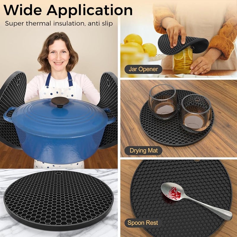 ZIBUYU® Silicone Mats for Kitchen Counter, Round Silicone Trivets for Dining Table Surface Protector Honeycomb Design Round Silicone Coaster for Hot Utensils, Cup, (7 inch), Black - 3 - Image 5