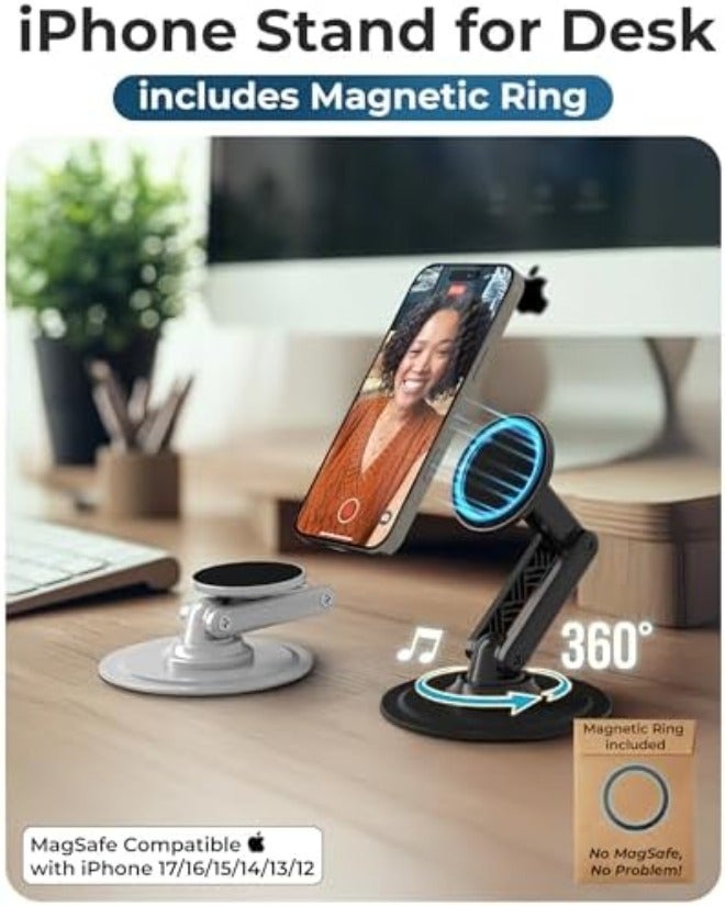كوبر ماج360، حامل هاتف مغناطيسي للمكتب متوافق مع حامل الهاتف ماغسيف، قابل للضبط بزاوية 360°، حامل آيفون لآيفون 16 برو ماكس/15/14/13/12، يشمل حلقتين معدنيتين لأجهزة الهواتف الأخرى - أسود - Image 4