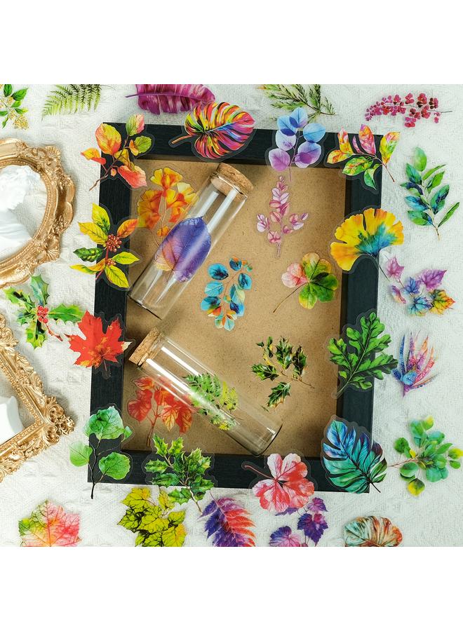 الأزرق جي دبليو سلسلة النباتات 50 ملصق أوراق نباتية عتيقة ، ملصق شفاف مقاوم للماء PET - Image 2