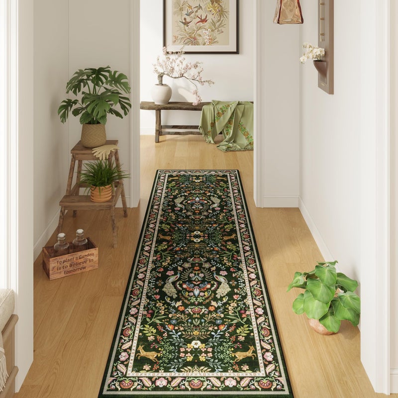 Rugcomf Runner Rug Washable Kitchen 2'x6' Floral Non-Slip for Entryway Indoor Soft Carpet Runner for Hallways, Kitchen, Laundry, Bedroom, Bathroom (Emerald Green) - Image 1