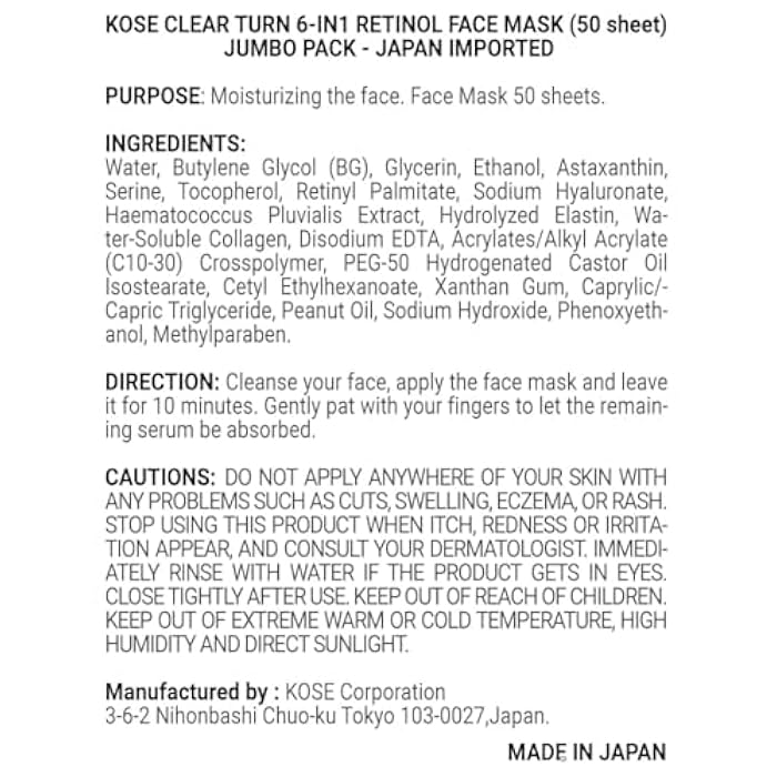 Kose Clear Turn 6-in1 Retinol Face Mask (50 sheet) Jumbo Pack - Japan Imported - Image 2