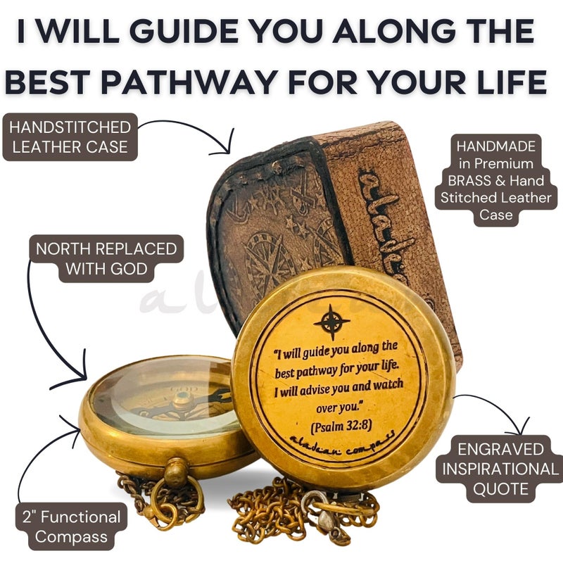 ALADEAN Divine Path Engraved Compass - I Will Guide You - Psalm 32:8" Quote | Inspirational Gifts for Men Women, Uplifting Spiritual Heavenly Faith Gift Boys Girls - Image 2
