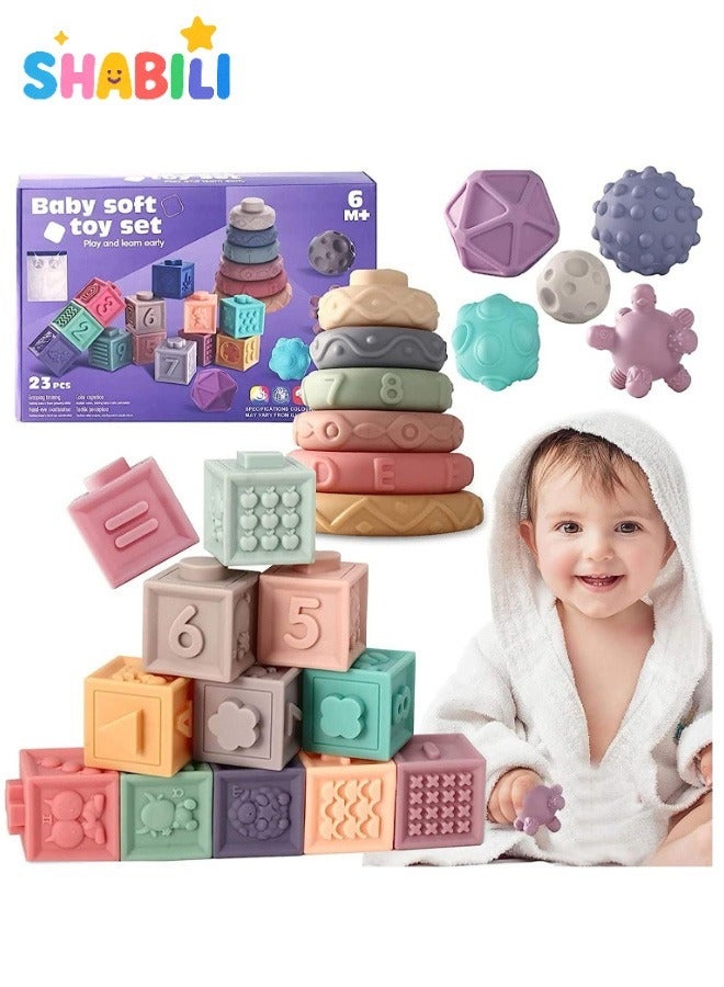 شبيلي طقم مكعبات سيليكون ناعمة للأطفال مونتيسوري ٢٣ قطعة من سن ٦ شهور لعبة تعليمية حسية آمنة للتسنين - Image 1