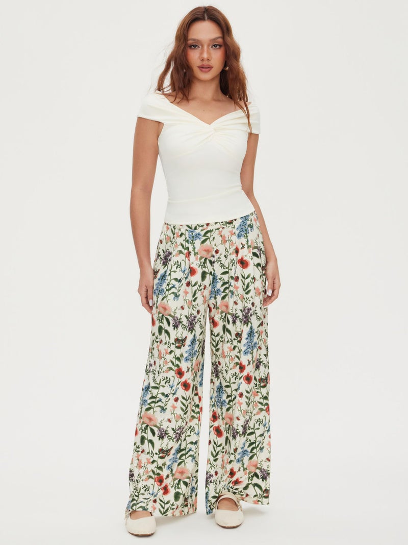 CIDER Womens Wide Leg Pants Floral Elastic Waist Palazzo Pants Boho Summer Casual Fashion Outfits Beige - Image 2